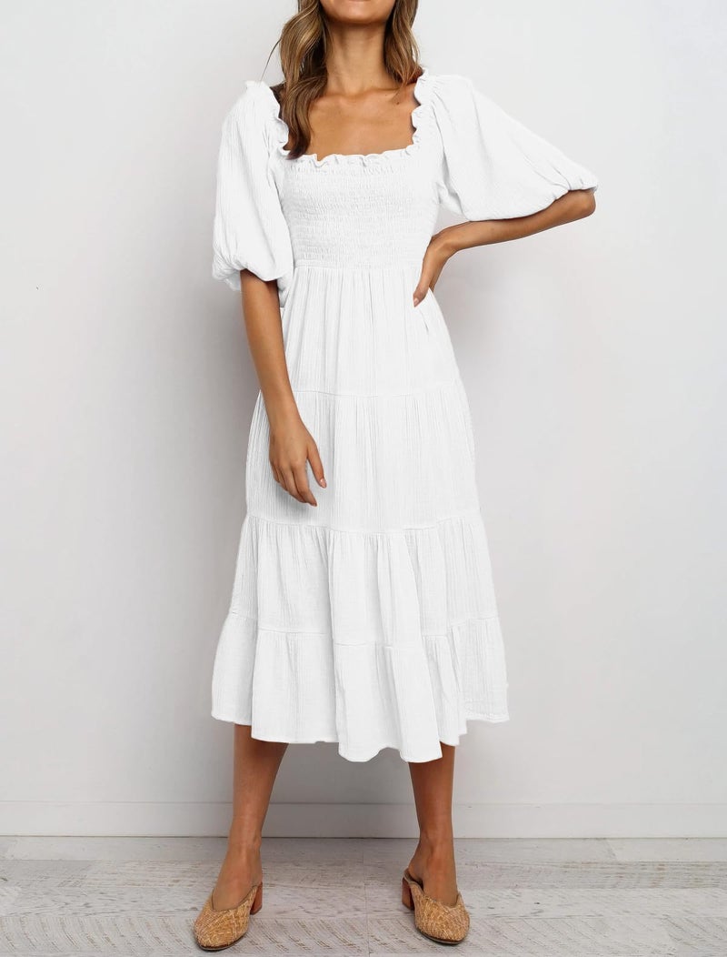 R.Vivimos Women's Summer Cotton Lantern Sleeves Ruffled Off Shoulder A-Line Midi Dresses (Large, White) - Image 3